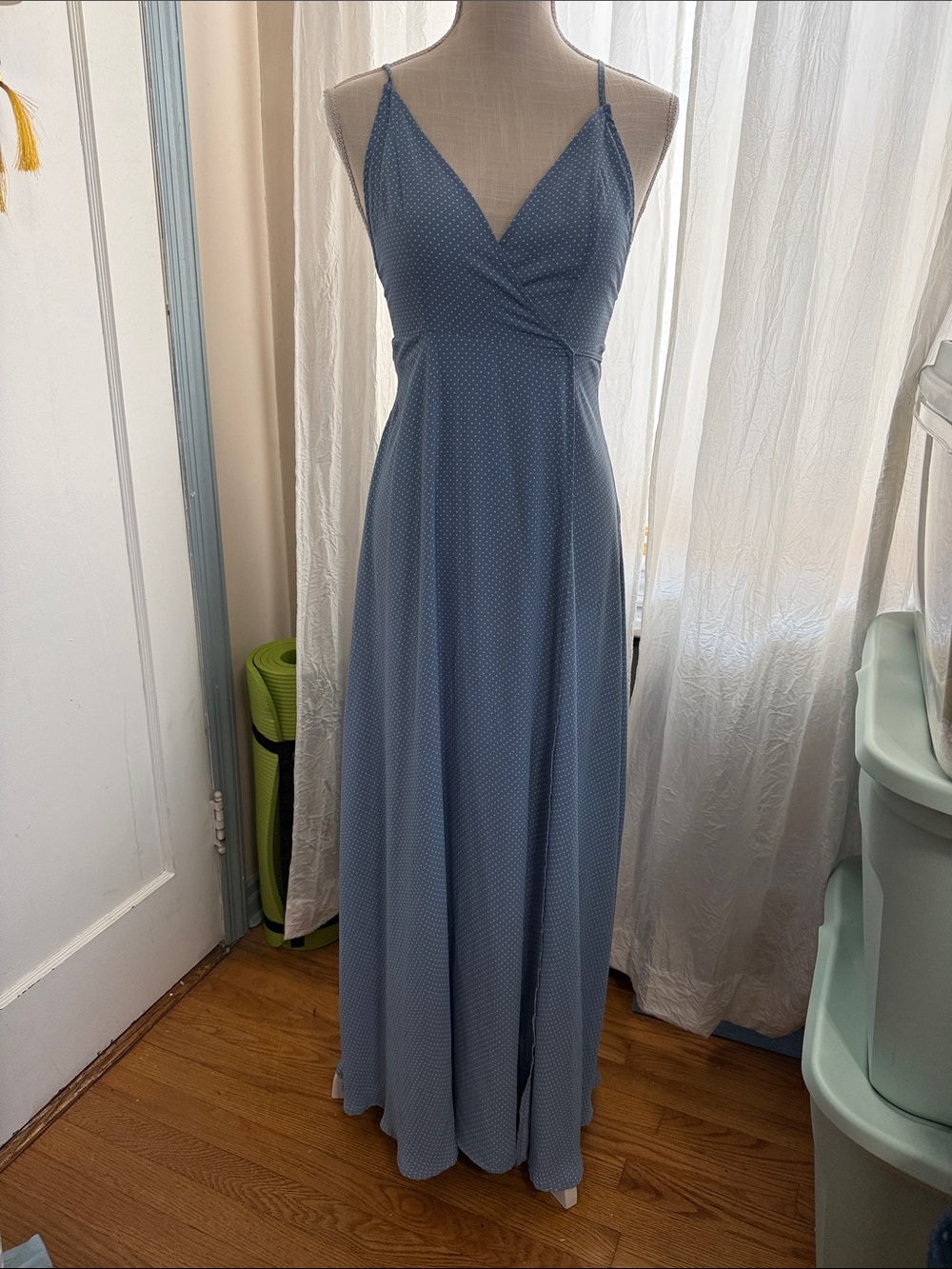 Forever 21 Dusty Blue Polka-Dot Spaghetti Strap Maxi Dress